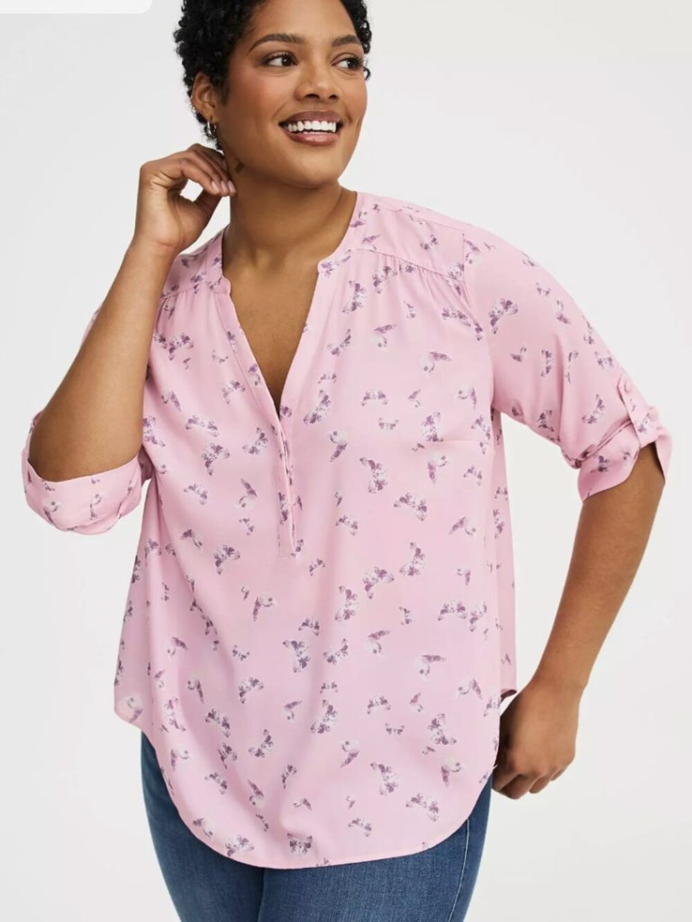 Torrid Harper Georgette 3/4 Sleeve Blouse Butterflies Fly Pink Womens 2 Spring